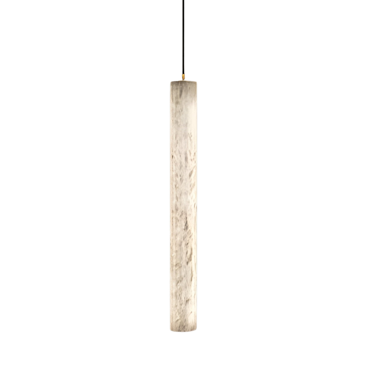 The Zenvia LED Alabaster Single Pendant Light in brushed brass and soft white features a cylindrical alabaster shade with marble-like texture, suspended vertically by a thin black cord for a modern touch.