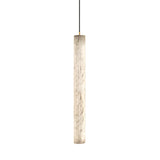 The Zenvia LED Alabaster Single Pendant Light in brushed brass and soft white features a cylindrical alabaster shade with marble-like texture, suspended vertically by a thin black cord for a modern touch.