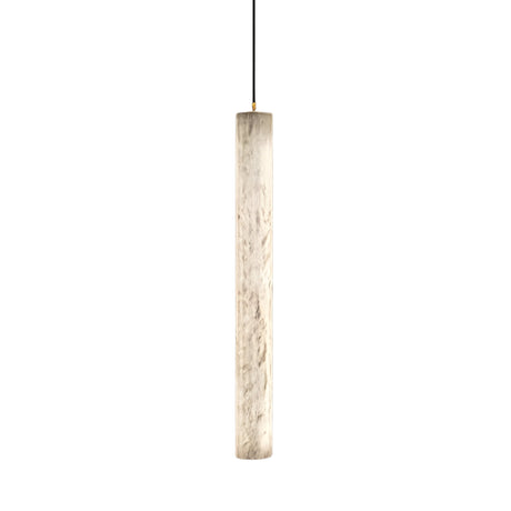 The Zenvia LED Alabaster Single Pendant Light in brushed brass and soft white features a cylindrical alabaster shade with marble-like texture, suspended vertically by a thin black cord for a modern touch.