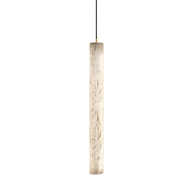 The Zenvia LED Alabaster Single Pendant Light in brushed brass and soft white features a cylindrical alabaster shade with marble-like texture, suspended vertically by a thin black cord for a modern touch.