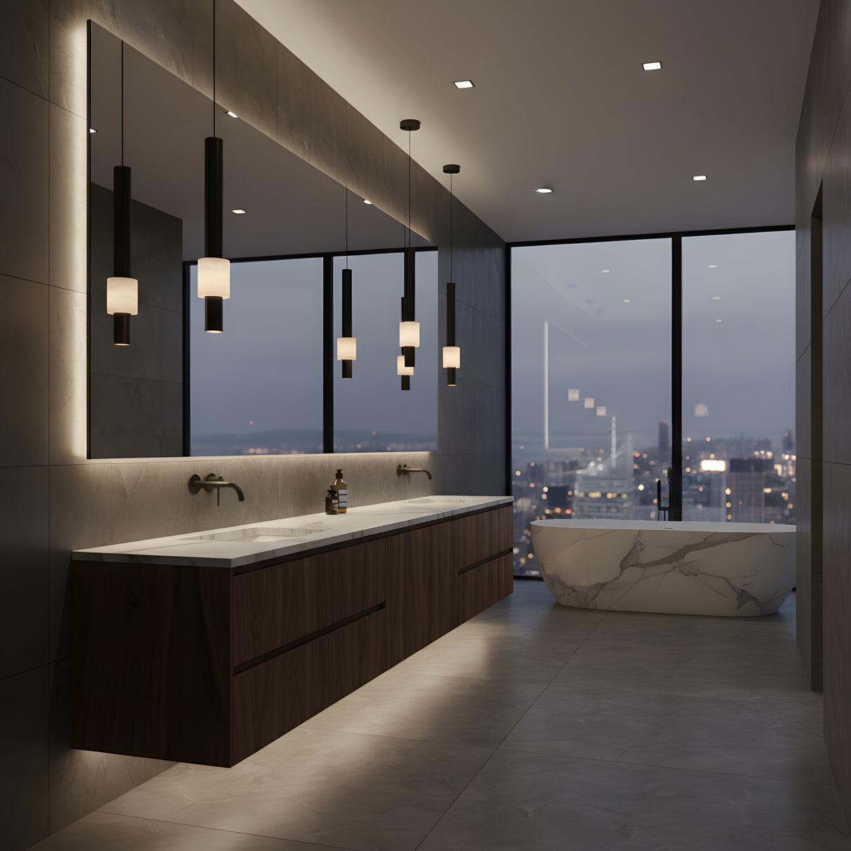 Modern bathroom with floor-to-ceiling windows, double sink vanity in wood, contemporary lighting including the Solenne LED Alabaster Single Pendant Light in soft white & polished black, a backlit mirror, and a freestanding marble bathtub overlooking the city.