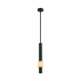 The Solenne LED Alabaster Single Pendant Light features a slim, polished black rod and cylindrical fixture with a light-colored square alabaster accent, suspended from the ceiling in dark green and polished black finishes.