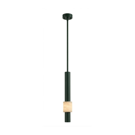 The Solenne LED Alabaster Single Pendant Light features a slim, polished black rod and cylindrical fixture with a light-colored square alabaster accent, suspended from the ceiling in dark green and polished black finishes.