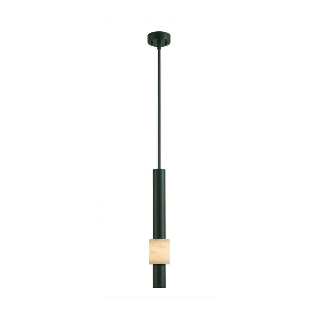 The Solenne LED Alabaster Single Pendant Light features a slim, polished black rod and cylindrical fixture with a light-colored square alabaster accent, suspended from the ceiling in dark green and polished black finishes.