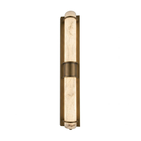 The Averna LED Large Framed Alabaster Wall Light features a modern rectangular brass frame and soft white alabaster shade, with brushed brass accents for a sleek, contemporary look.