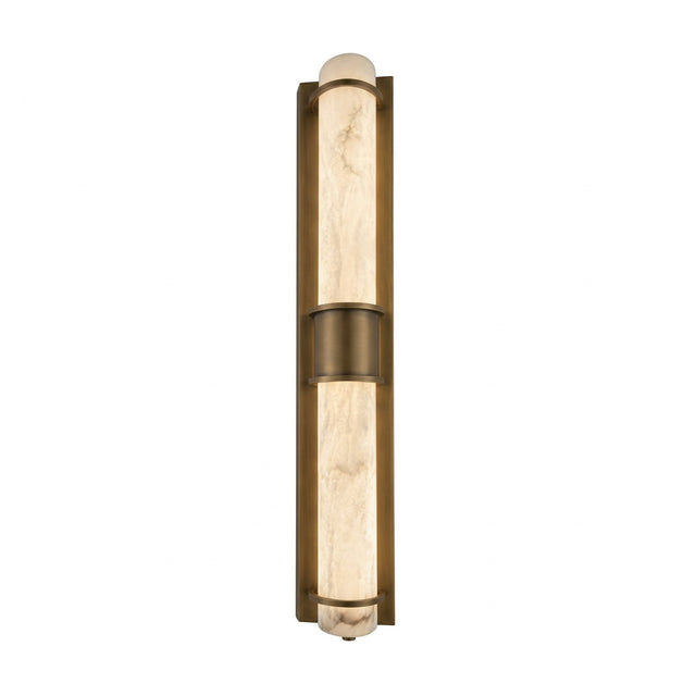 The Averna LED Large Framed Alabaster Wall Light features a modern rectangular brass frame and soft white alabaster shade, with brushed brass accents for a sleek, contemporary look.