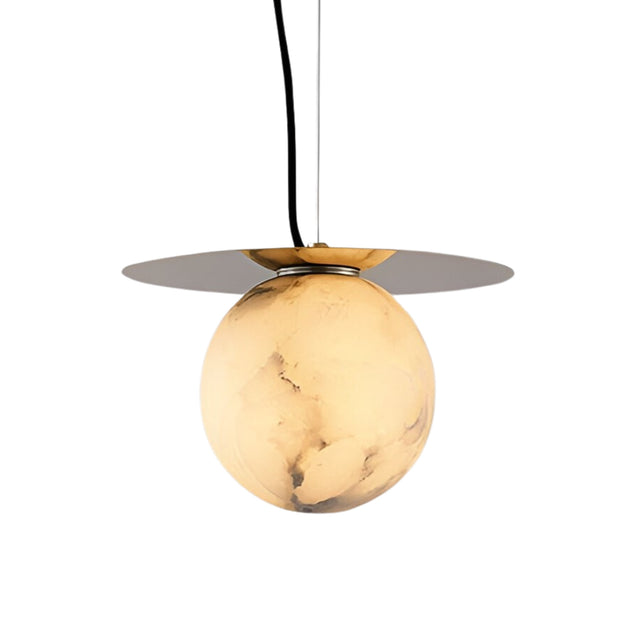 The Marenzo 1 Light Small Orb Alabaster Single Pendant Light in Soft White & Brushed Brass features a round, marble-patterned globe and a flat brass disc above, suspended by a black cord against a white background.