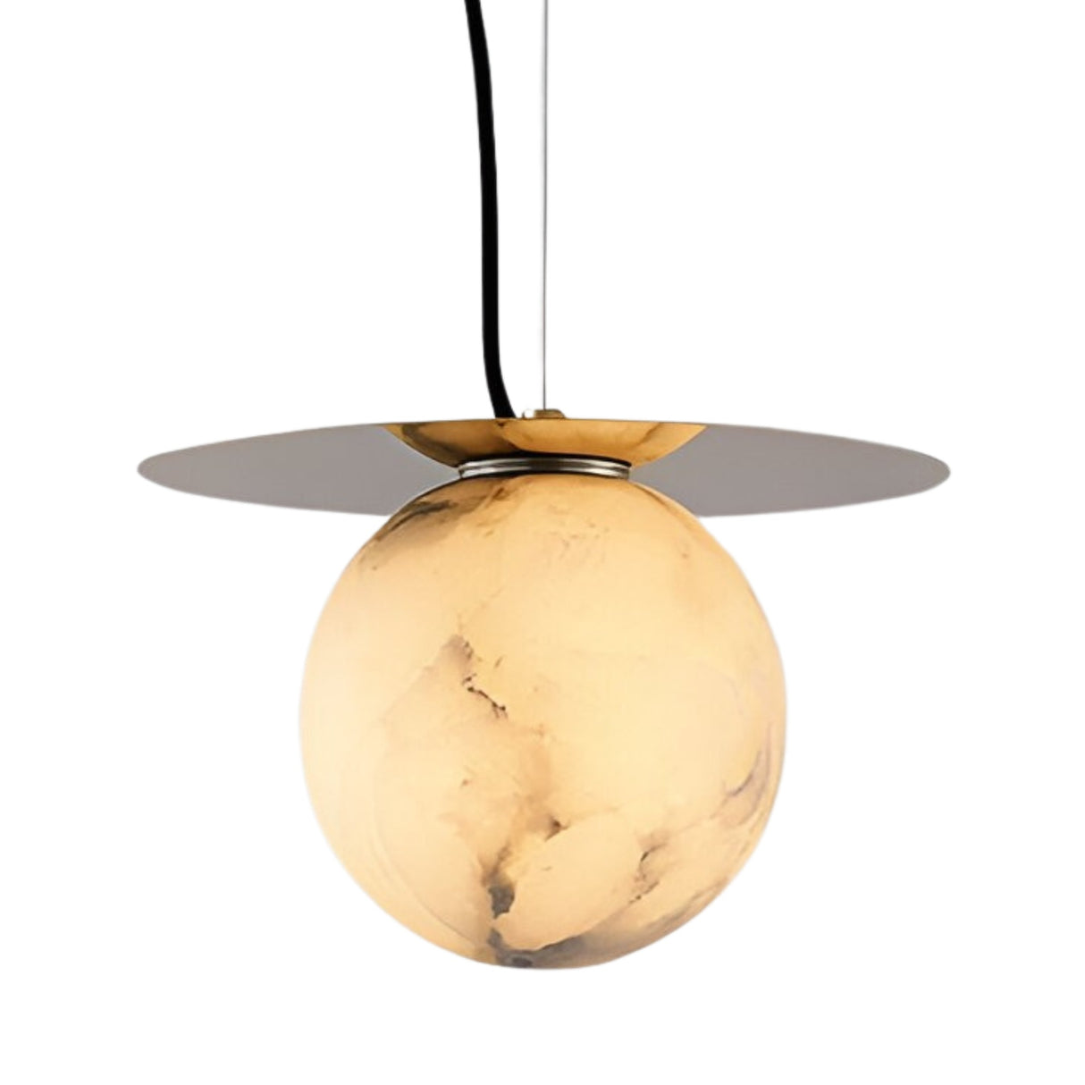 The Marenzo 1 Light Large Orb Alabaster Pendant in soft white and brushed brass features a marble-patterned globe emitting a warm glow, suspended beneath a flat brass disc with a black cord.