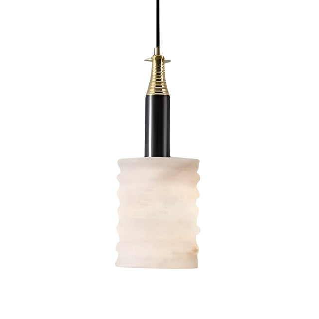 The Bellaro 1 Light Small Textured Column Alabaster Single Pendant Light in Soft White & Brass features a wavy cylindrical alabaster shade with a black holder, brass accent, and is suspended by a black cord against a white background.