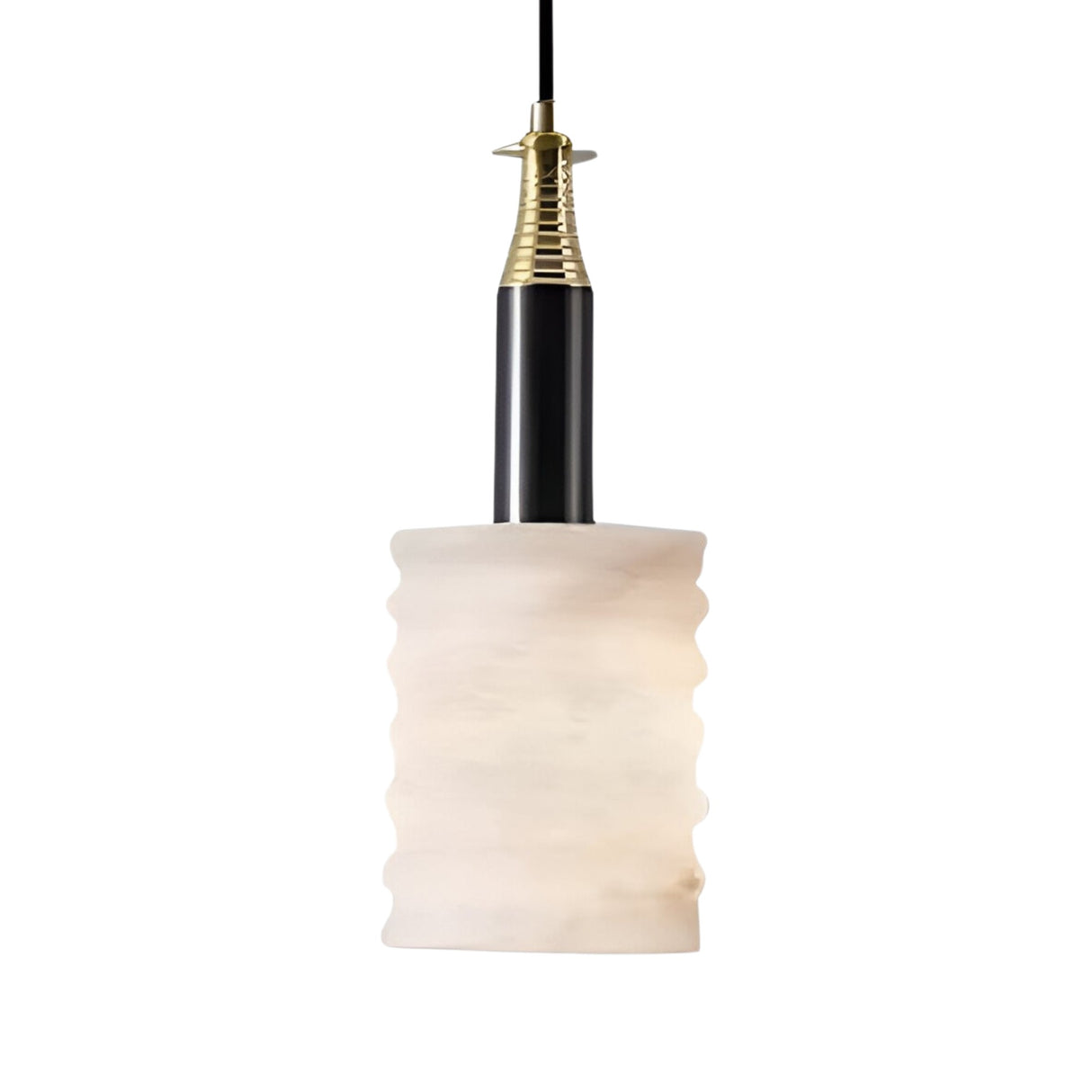 The Bellaro 1 Light Large Textured Column Alabaster Single Pendant Light features a soft white, textured alabaster shade and elegant brass accents for a modern touch.