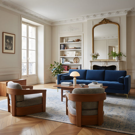 Elegant living room with a blue sofa, two patterned armchairs, a wooden coffee table, the Gildara 1 Light Yellow Cave Stone Table Lamp in brushed bronze & soft white, an ornate mirror above a white fireplace, bookshelves, rug, and large window.