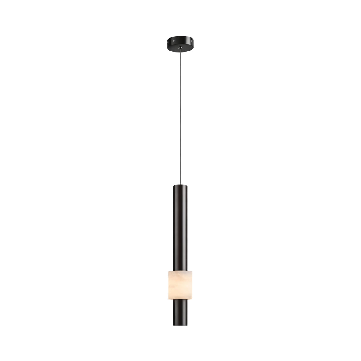 The Solenne LED Alabaster Single Pendant Light in Soft White & Polished Black features a sleek, modern cylindrical design with a frosted alabaster accent—ideal for contemporary interiors.
