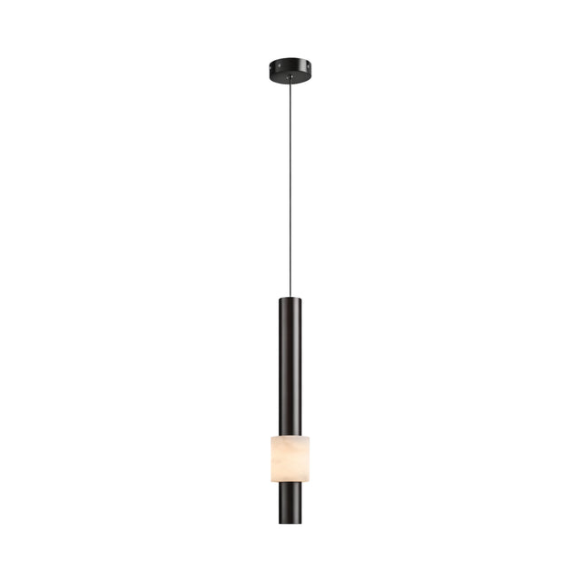 The Solenne LED Alabaster Single Pendant Light in Soft White & Polished Black features a sleek, modern cylindrical design with a frosted alabaster accent—ideal for contemporary interiors.