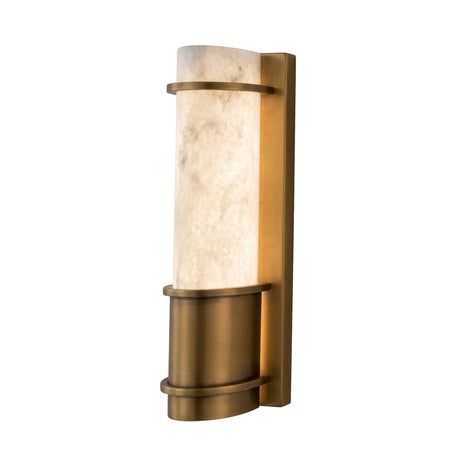 The Averna LED Small Framed Alabaster Wall Light in soft white and brushed brass features a rectangular frame and emits inviting, warm illumination through its alabaster shade, making it a stylish addition to modern interiors.
