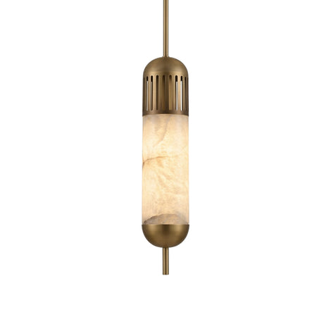 The Zerith LED Fluted Tube Alabaster Single Pendant Light in Soft White & Brushed Brass features a frosted glass center for a warm glow, metallic accents at top and bottom, and vertical slits near the top.