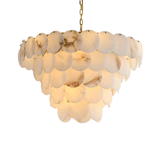 The Solyra 21 Light 5 Tier Petal Alabaster Chandelier in Soft White features layered alabaster petals on a gold chain, casting a warm, soft glow and adding graceful elegance to your space.