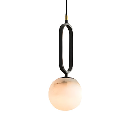The Orvyn 1 Light Small Globe Alabaster Pendant features a soft white globe and matte black accents, suspended by a sleek black cord for a modern look.