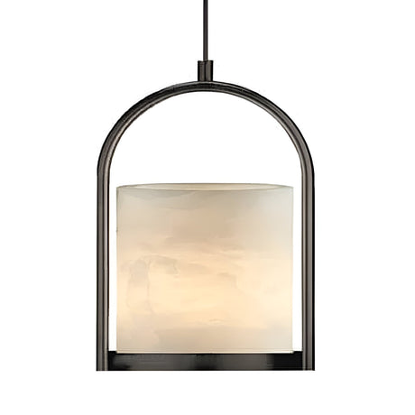 The Halorin 1 Light Framed Alabaster Single Pendant Light features a soft white alabaster shade in a matte black metal arch frame, suspended by a cord, offering a modern look.