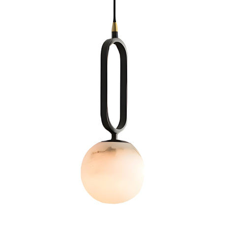 The Orvyn 1 Light Large Globe Alabaster Single Pendant Light in soft white and matte black features a modern vertical oval frame, frosted globe, and black cord, perfect for contemporary interiors.