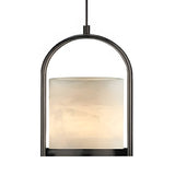 The Halorin 1 Light Framed Alabaster Single Pendant Light features a soft white alabaster shade within a matte black frame, suspended by a black cord and shown against a plain white background.