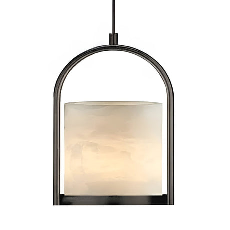 The Halorin 1 Light Framed Alabaster Single Pendant Light features a soft white alabaster shade within a matte black frame, suspended by a black cord and shown against a plain white background.