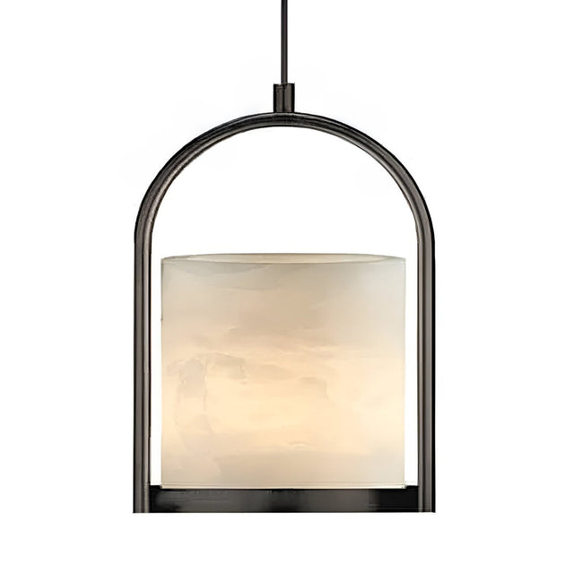 The Halorin 1 Light Framed Alabaster Single Pendant Light features a soft white alabaster shade within a matte black frame, suspended by a black cord and shown against a plain white background.