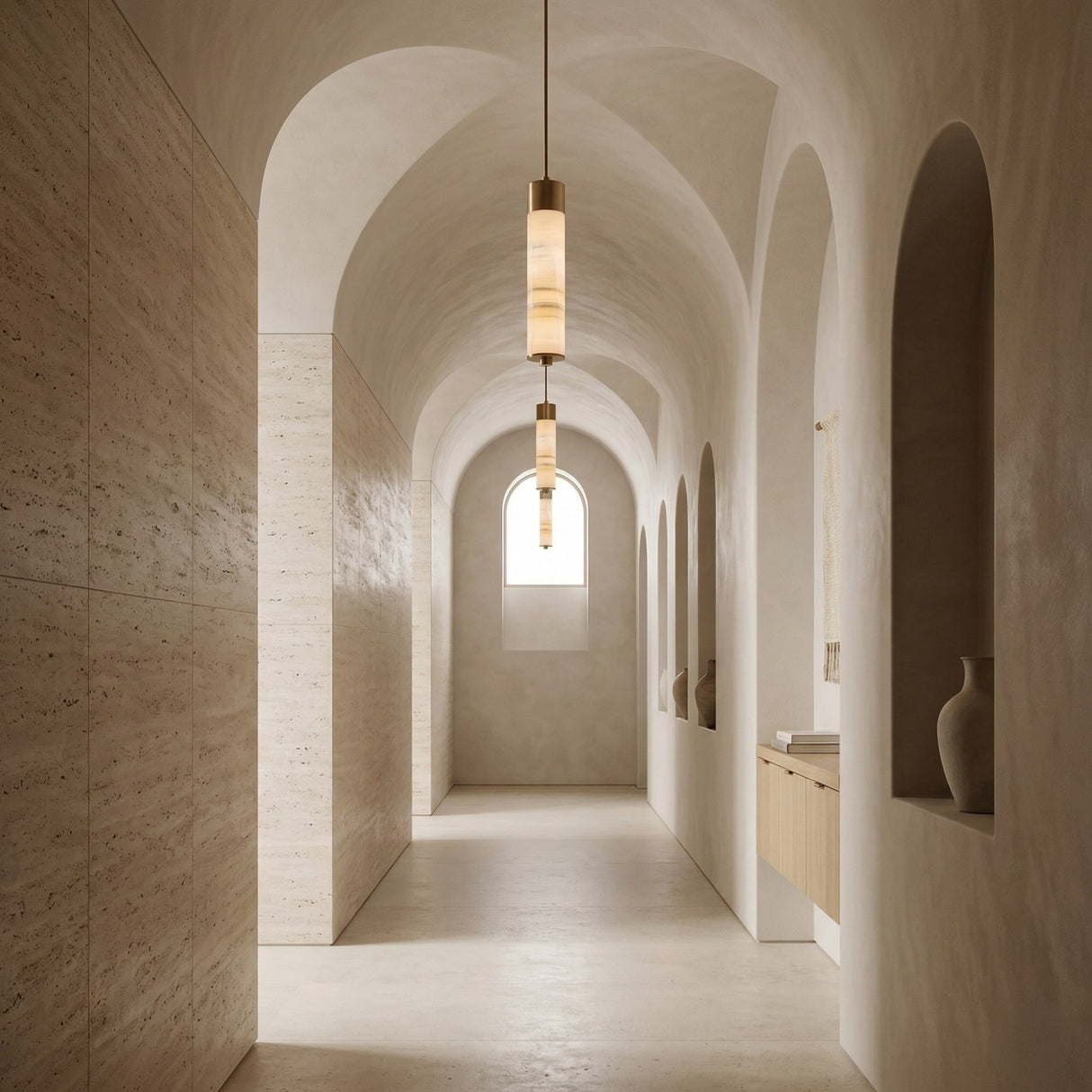 A minimalist hallway with arched ceilings, beige walls, and vases in built-in alcoves features the Elviro LED Large Slim Tube Alabaster Single Pendant Light in soft white and brushed brass. Natural light from a small end window adds to the serene, modern vibe.