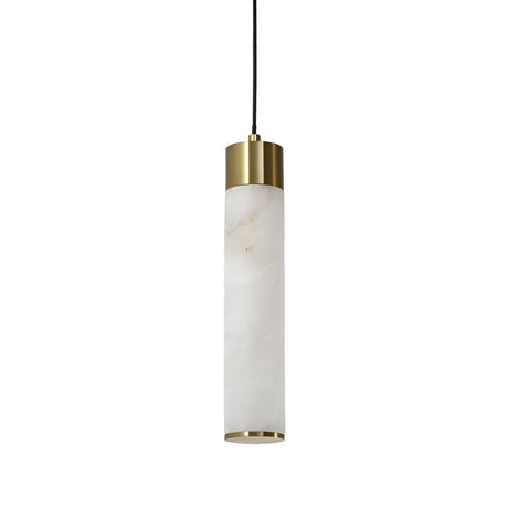 The Norex LED Tube Alabaster Single Pendant Light features a cylindrical alabaster tube with soft white glow and brushed brass accents, suspended by a black cord against a white background.