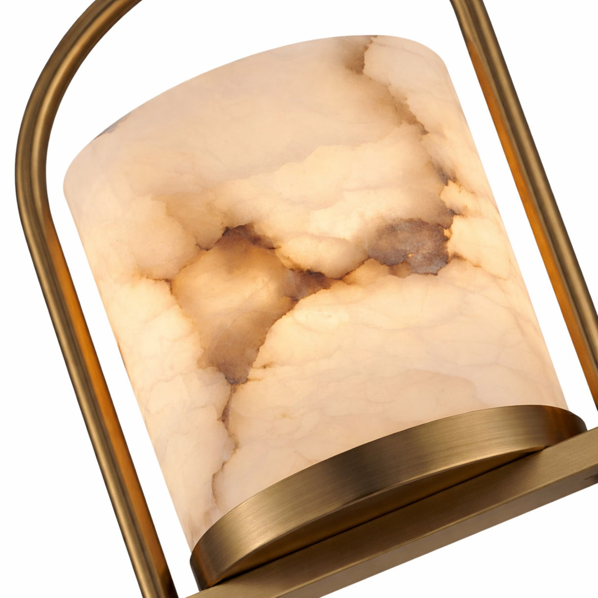 The Halorin 1 Light Framed Alabaster Single Pendant Light features a soft white cylindrical alabaster shade with natural beige and brown marbling, held by a brushed brass frame.
