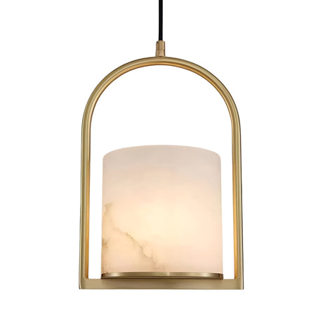 The Halorin 1 Light Framed Alabaster Single Pendant Light features a soft white cylindrical shade encased in a brushed brass arch frame, suspended from a black cord for a modern look.