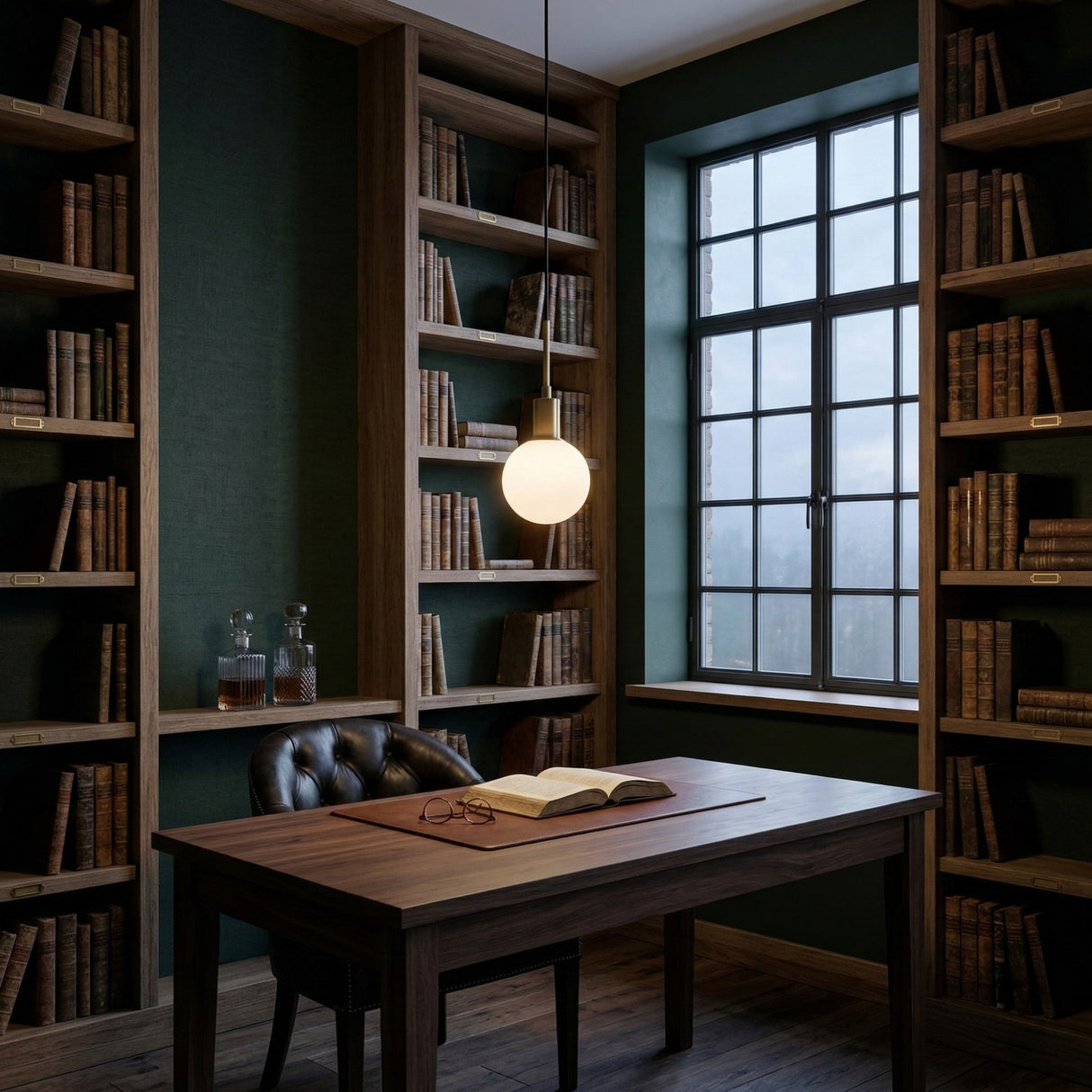 A cozy home library with tall bookshelves, a wooden desk, leather chair, and an Astra 1 Light Alabaster Single Pendant Light in Soft White & Brushed Brass glowing softly by the window on a cloudy day.