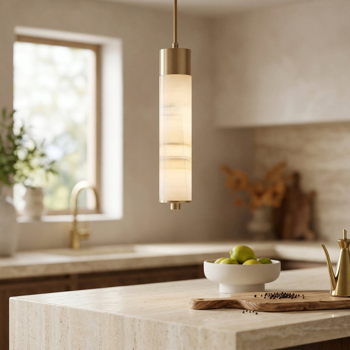 A modern kitchen featuring the Elviro LED Small Slim Tube Alabaster Single Pendant Light in soft white & brushed brass, marble countertops, a bowl of green apples, a gold faucet, and abundant natural light through the window.