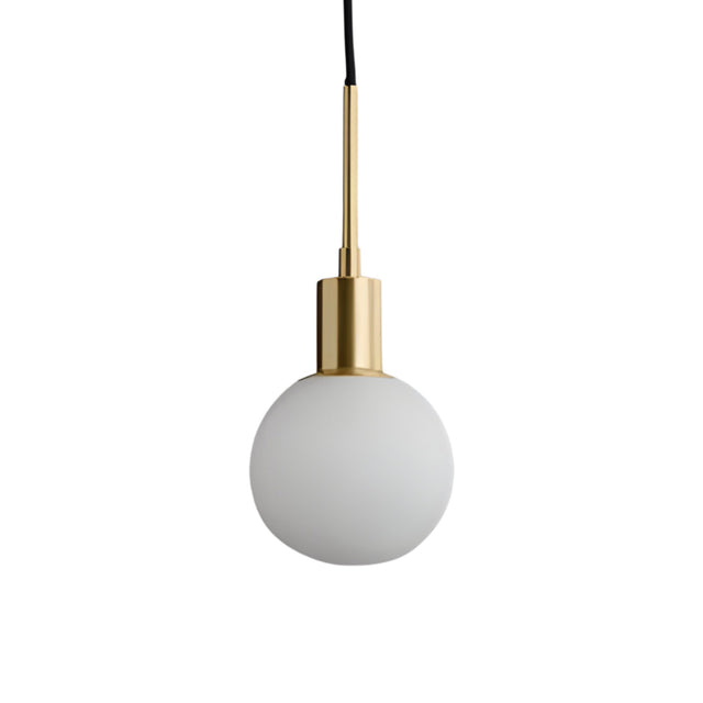 The Astra 1 Light Alabaster Single Pendant Light features soft white alabaster glass and a brushed brass socket, suspended by a black cord—an elegant minimalist lighting solution for any space.