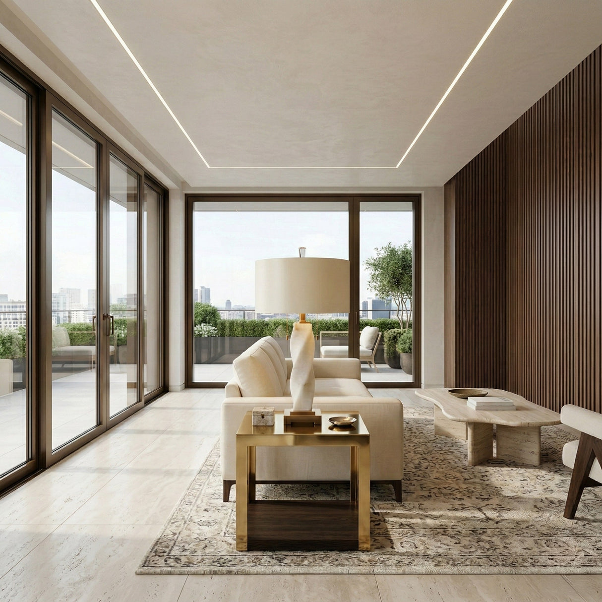 Modern living room with large floor-to-ceiling windows, beige sofa, decorative rug, wooden accent wall, and a city view terrace with plants. Features the Eryndel 1 Light Sculpted Alabaster Table Lamp in brass and soft white for a bright, stylish look.