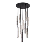 Selvara 10 Light Alabaster Cluster Chandelier in Matt Black, with staggered vertical alabaster bars suspended from a round black canopy on a plain white background.