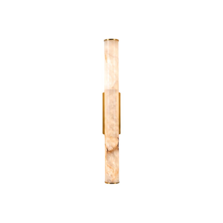 Montavo Small LED Alabaster Tube Wall Light in Brushed Brass, a slim cylindrical alabaster column with brass end collars and mounting bracket, shown on a plain white background.