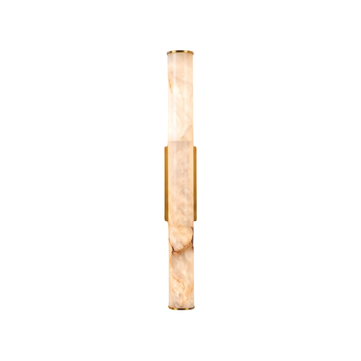 Montavo LED Alabaster Tube Wall Light in brushed brass, a slim vertical cylinder of natural alabaster with brass end caps and backplate, shown on a plain white background.