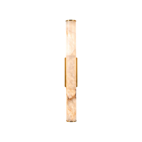 Montavo LED Alabaster Tube Wall Light in brushed brass, a slim vertical cylinder of natural alabaster with brass end caps and backplate, shown on a plain white background.
