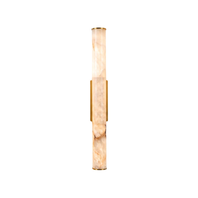 Montavo LED Alabaster Tube Wall Light in brushed brass, a slim vertical cylinder of natural alabaster with brass end caps and backplate, shown on a plain white background.