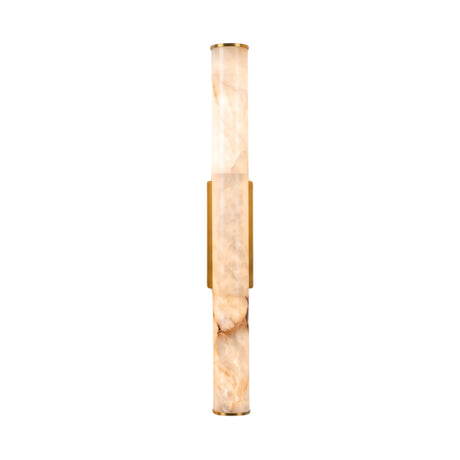 Montavo LED Alabaster Tube Wall Light 800mm in Brushed Brass, a single vertical cylinder of natural alabaster with brass end caps and backplate, shown on a plain white background.