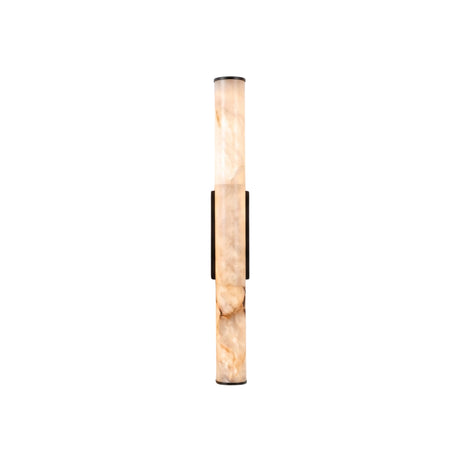 Montavo Small LED Alabaster Tube Wall Light in matte black, a slim cylindrical wall light with natural alabaster stone, black end caps, and a central mounting bracket on a plain white background.