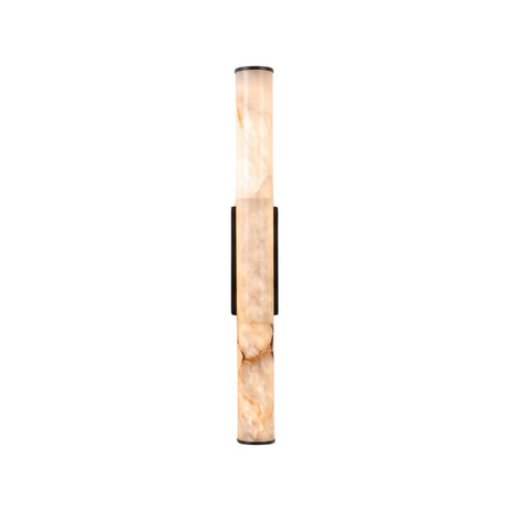 Montavo LED Alabaster Tube Wall Light in Matt Black, a vertical alabaster tube with black end caps and slim mounting backplate, shown on a plain white background.