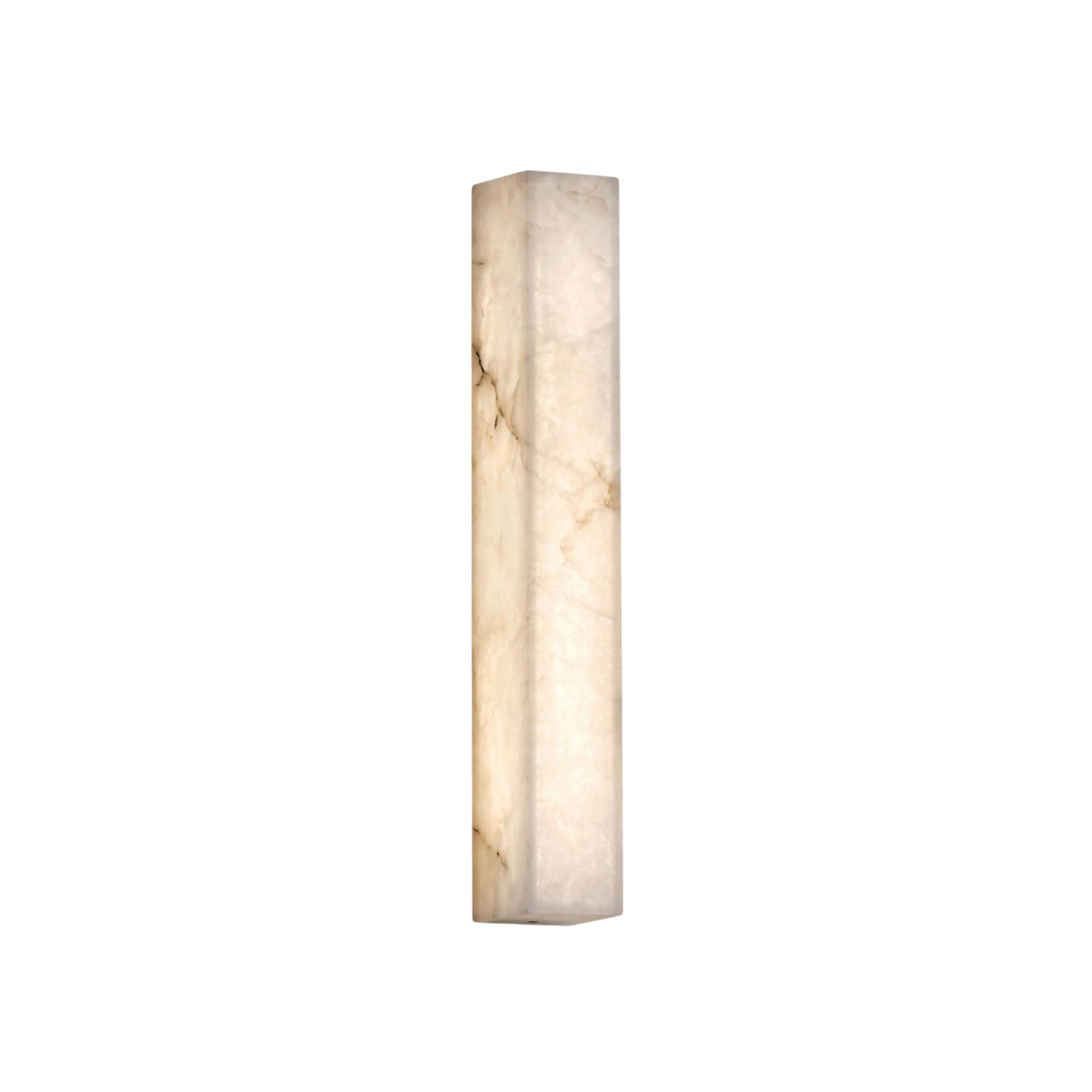 Valmera Medium slim vertical wall light in natural alabaster with a soft white frame, rectangular column shape, integrated LED glow, shown on a plain white background.