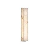 Valmera Medium slim vertical wall light in natural alabaster with a soft white frame, rectangular column shape, integrated LED glow, shown on a plain white background.