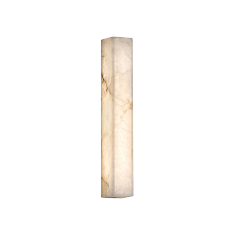 Valmera Medium slim vertical wall light in natural alabaster with a soft white frame, rectangular column shape, integrated LED glow, shown on a plain white background.