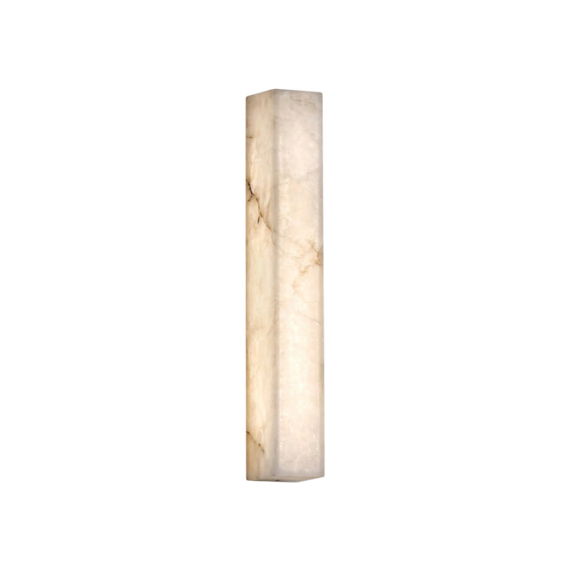 Valmera Medium slim vertical wall light in natural alabaster with a soft white frame, rectangular column shape, integrated LED glow, shown on a plain white background.