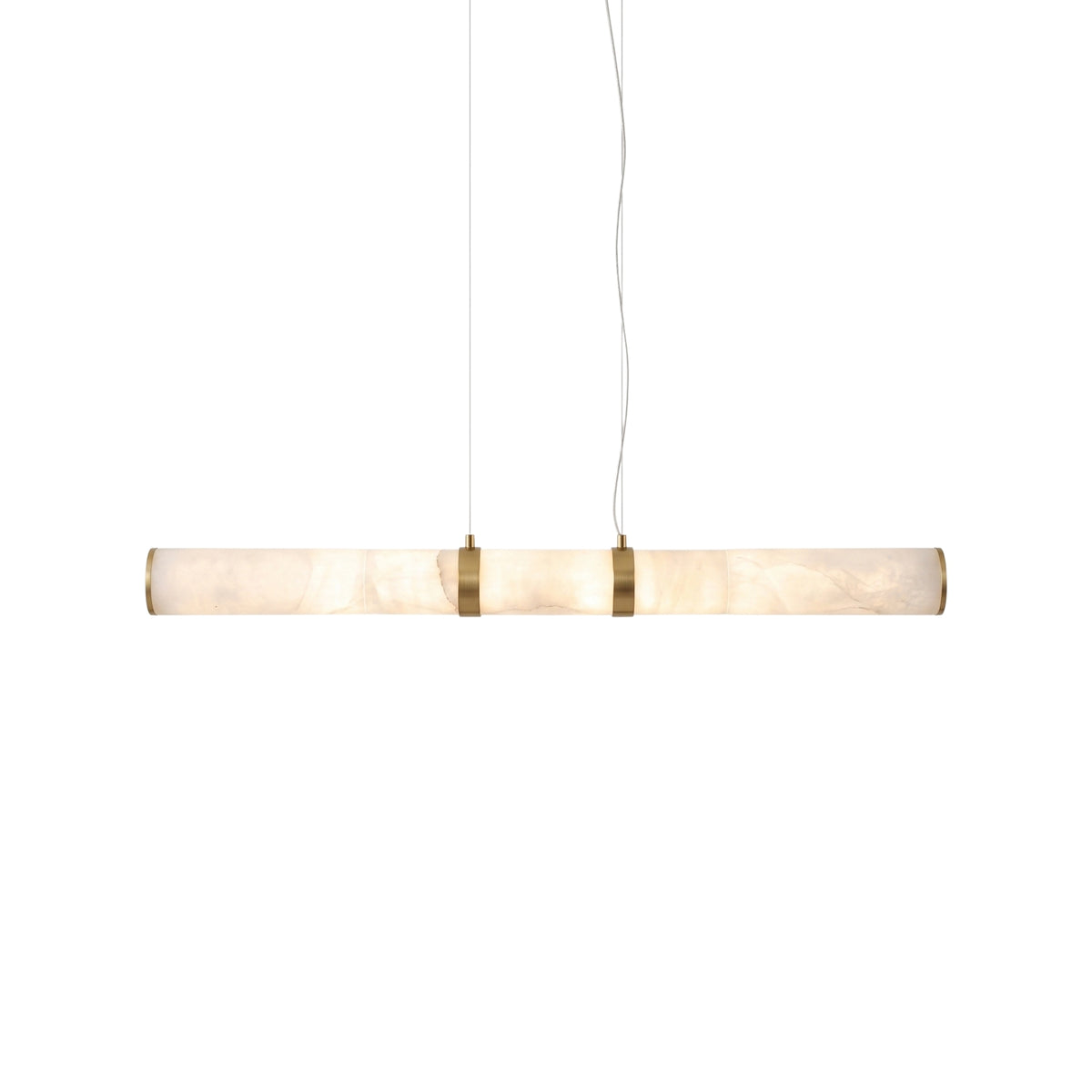 Oria LED Linear Alabaster Chandelier 1m in Brass, a cylindrical suspension light with brass end caps and centre collar, shown illuminated on a plain white background.