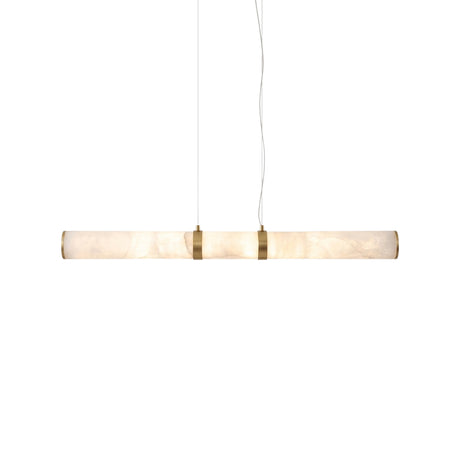 Oria LED Linear Alabaster Chandelier 1m in Brass, a cylindrical suspension light with brass end caps and centre collar, shown illuminated on a plain white background.
