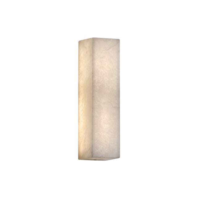 Valmera LED Slim Vertical Wall Light in Small, a rectangular alabaster column with integrated warm white LED glow, shown on a plain white background.
