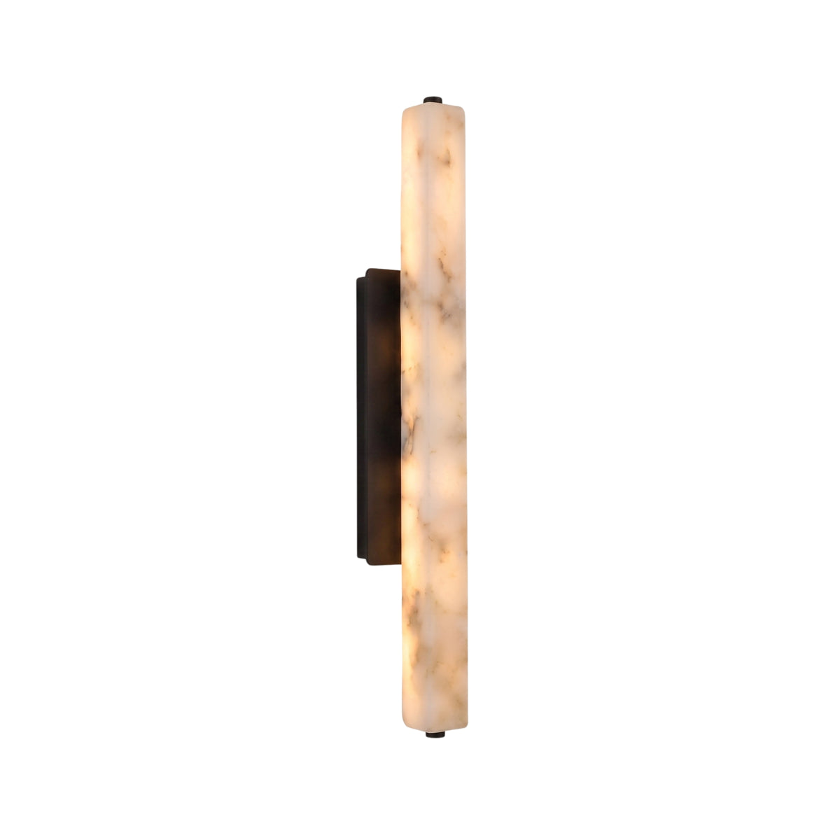 Selvara LED Large Alabaster Wall Light in Matt Black, a slim vertical alabaster column with natural veining on a black rectangular backplate, shown lit on a plain white background.